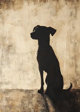 A black silhouette of a dog sits on a textured beige background, facing left, with its head slightly raised, evoking curiosity and anticipation.