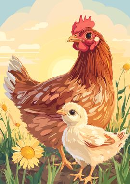 Hen and Chick in Meadow