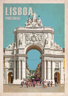 Lisbon, Portugal. Iconic Rua Augusta Street Triumphal Arch seen from Praca do Comercio aka Terreiro do Paco Square. Vintage-style poster depicting the iconic Triumphal Arch in Lisboa. Made of white stone, it features intricate carvings and sculptures.