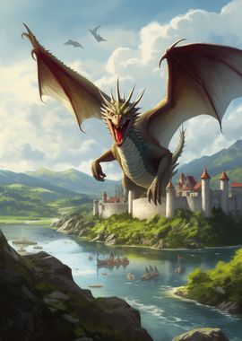 Dragon Soaring Over Castle