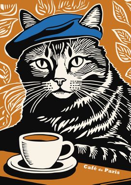 Cat in Beret with Coffee