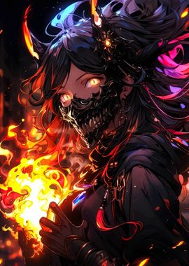 Fiery Anime Girl with Mask