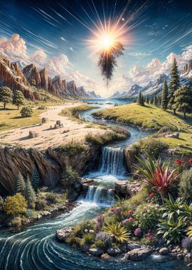 Fantasy Waterfall Landscape: growing light 