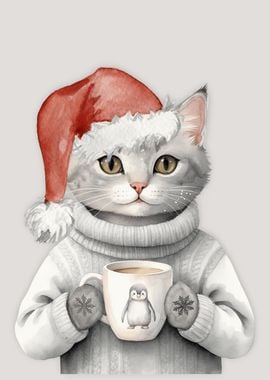 Cozy Cat Christmas in Santa Hat with Hot Cocoa