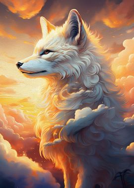 Majestic White Wolf in Sunset Clouds | Ethereal Fantasy Animal Art Print