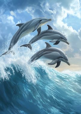 Dolphins Leaping Wave