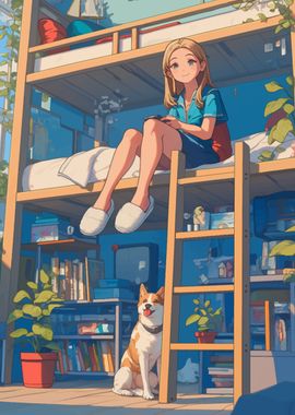 Girl on Bunk Bed with Dog