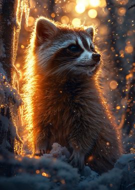 Raccoon in Winter Sunset