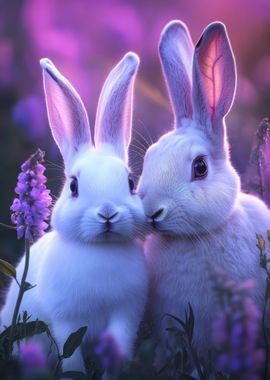 Two White Rabbits in Flowers