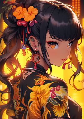 Anime Girl with Floral Design