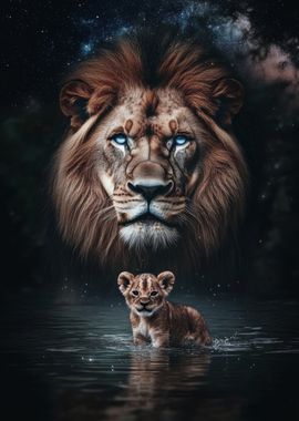 Lion and Cub Under Stars