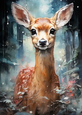 Fawn in Winter Forest