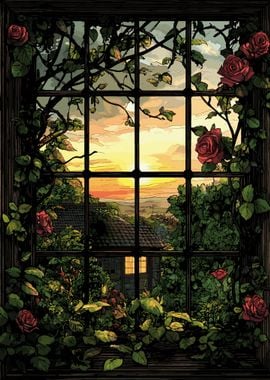 Red Roses and Sunset View Through Window