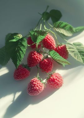 Fresh Raspberries on Branch