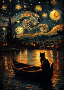 Cat Under The Starry Night