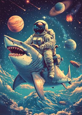 Astronaut Riding Shark in Space