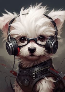 Maltese Dog with Headphones | Futuristic Pet Art | Dog with Headphones