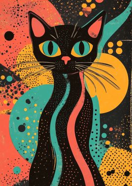 Retro Cat Art Print | Vibrant Black Cat | Bold Abstract Pop Art Print