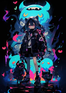 Anime Girl with Glowing Creatures