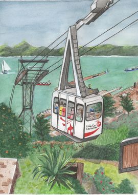 Gibraltar Cable Car Watercolor Hand Painted Watercolor