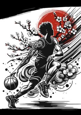 Basketball Player with Cherry Blossoms japanese art