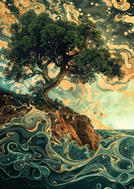 Tree on Cliff with Swirling Waves