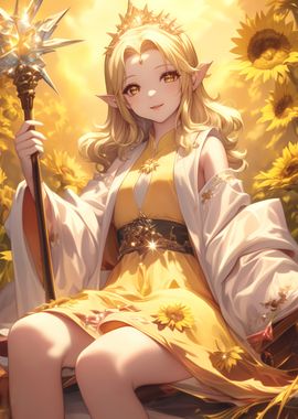 Anime Girl with Staff in Sunflower Field