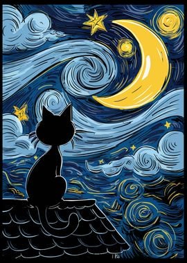 Cat Under Starry Night