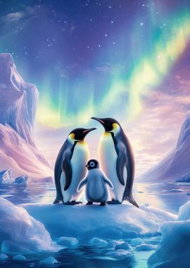 Penguin Family Under Aurora Borealis