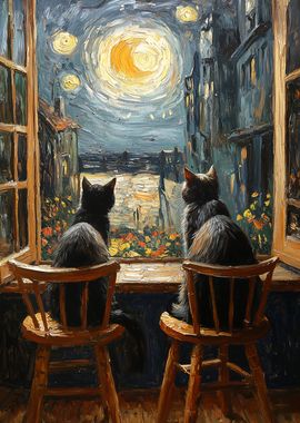 Cats Watching The Starry Night