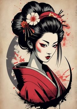 Geisha with Red Flowers