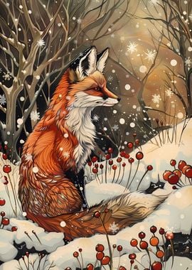 Fox in Winter Wonderland Art Nouveau