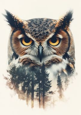 Owl in Forest Double Exposure