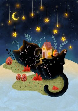 Sleeping Cat Under Starry Sky