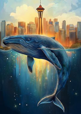 Whale Leaping Cityscape