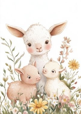 Cute Lambs in Meadow