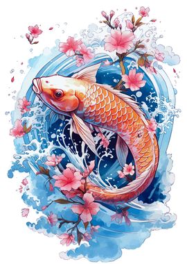 Koi Fish and Cherry Blossoms