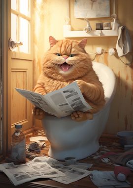 Cat Reading Newspaper on Toilet