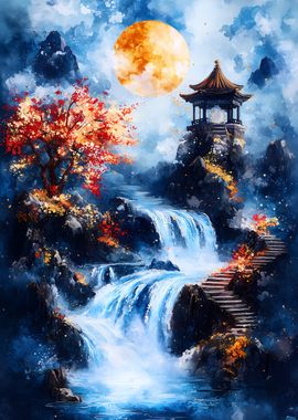 Waterfall Under Full Moon