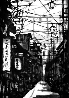 Ink Wash Japanese Alleyway