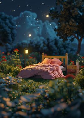 Bed in a Garden at Night