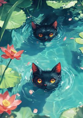 Black Cats in Water Lilies