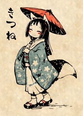 Kitsune Girl in Kimono Yokai