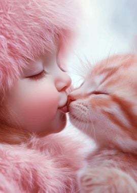 Baby and Kitten Kiss