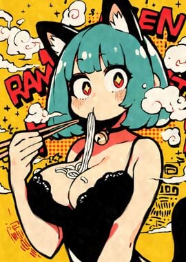 Cat Girl Eating Ramen Noodles