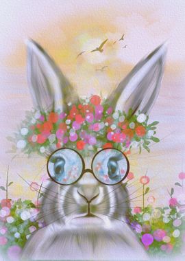 Whimsical Summer Rabbit with Flowers and a Touch of Sorrow