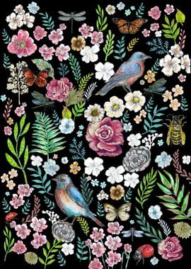 Floral Garden with Birds