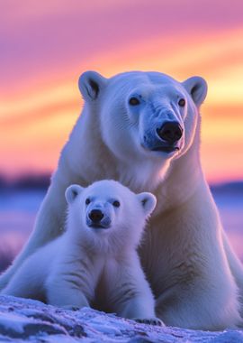 Polar Bear Family Sunset