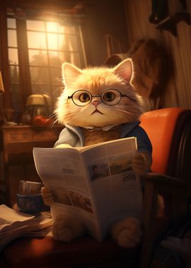 Cute Cat Reading Newspaper