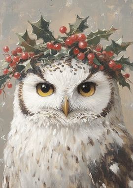 Snowy Owl with Holly Wreath